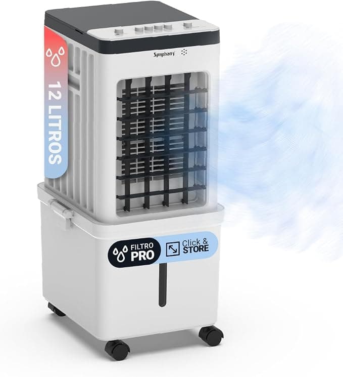 SYMPHONY Ventus12— Climatizador Evaporativo Portátil 12L, Silencioso 30 dB para Dormitorio y Oficina, Solo 65W (-90% vs Aire Acondicionado), Llenado Continuo, Ruedas, 900 m³/h