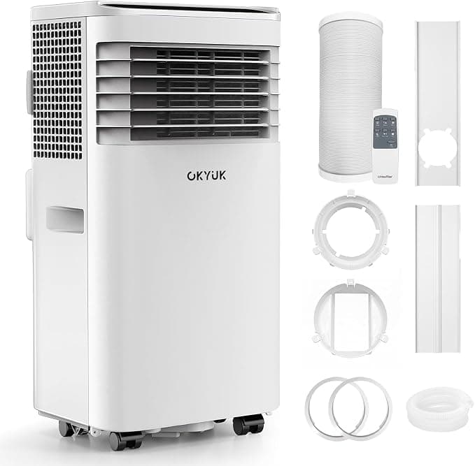 OKYUK Aire acondicionado portátil 7000 BTU con tubo de escape | Aparato móvil 4-en-1 | Funcionamiento silencioso | Pantalla digital + control remoto | Kit de instalación para ventana