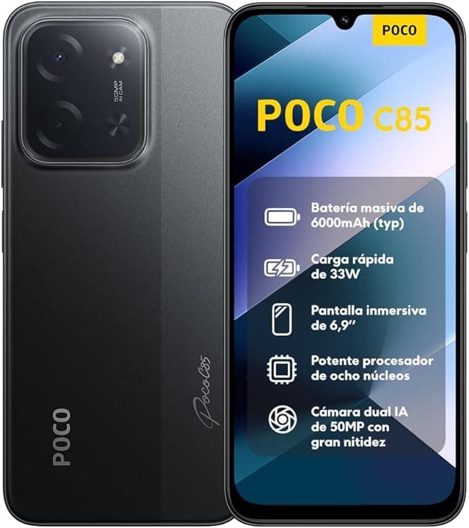XIAOMI POCO C85 - Smartphone de 6+128GB, Cámara Dual de 50MP con AI, Pantalla inmersiva de 6,9”, Potente procesador Octa-Core, Carga rápida de 33W, 6000mAh, Cargador no Incluido, Negro (Versión ES)