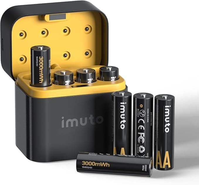 imuto Pilas Recargables AA 1,5 V 3000mWh Batería de Litio Alta Capacidad más de 1600 ciclos con Carga rápida Negra Cargador de Pantalla LED