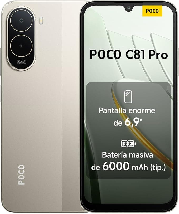 XIAOMI POCO C81 Pro Smartphone 4+128 GB Dorado Batería de 6000 mAh | Pantalla inmersiva de 6,9", Teléfono con diseño elegante y refinado, Cámara dual AI de 13 MP, 1 año de garantía adicional