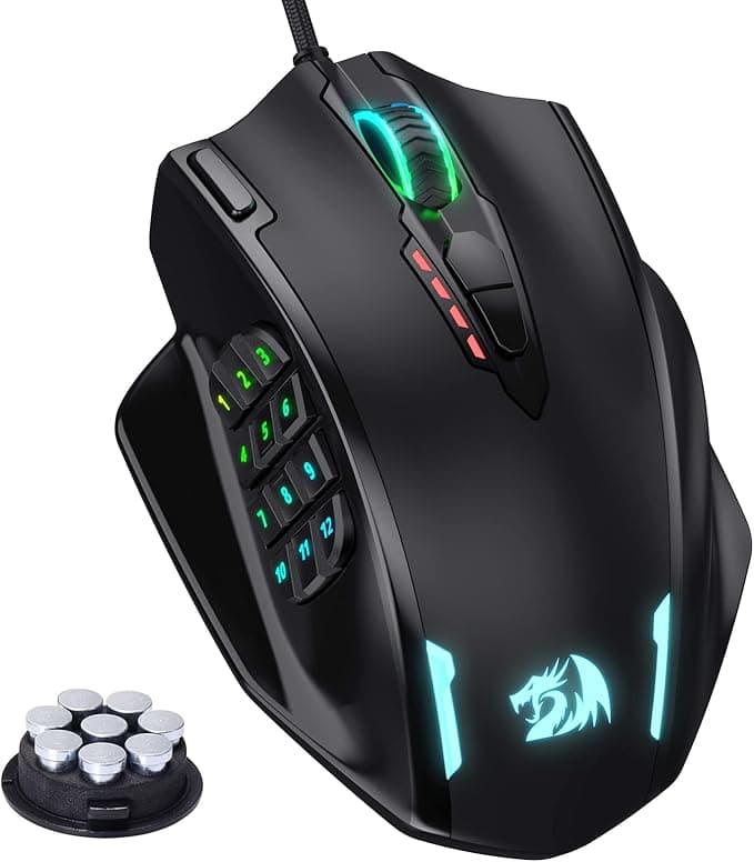 Redragon M908 Impact Ratón Gaming RGB LED MMO, Ratón Óptico Ergonomico Cableado con 12 Botones Laterales, Máximo 12,400 dpi, Alta Precisión, 18 Atajos Macro Programables, Agarre Cómodo