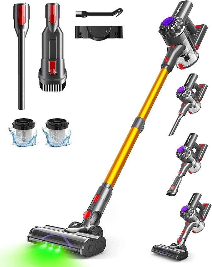 VACTechPro Aspiradora sin Cable,35kPa Aspirador de Mano,6 en 1 Inalámbrica con 35minutos de autonomía y batería extraíble,Aspirador Escoba Ideal para Pelo de Mascota/Alfombra/Suelo Duro&Oro