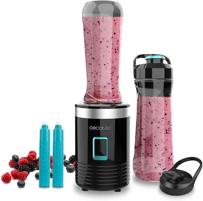 Cecotec Batidora Vaso Portátil Individual Power Titanium 350 EasyGo. 350W, Pica Hielo, Cuchillas 4 Hojas Recubrimiento de Titanio Negro, Incluye 2 Tubos Refrigeradores, 2 Vasos Portátiles y 2 Tapas