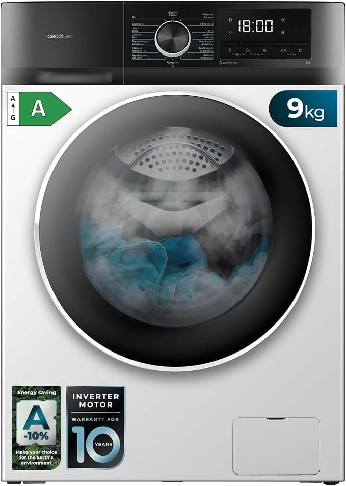 Cecotec Lavadora 9Kg Carga Frontal Bolero Dresscode 9500 Inverter A. 1900W, 1400 rpm, Motor Inverter Plus, Bajo Consumo, 16 Programas, SteamMax, Delay Start, Blanco