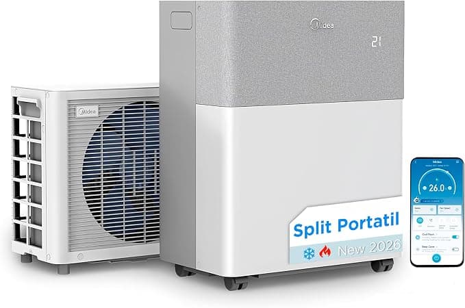 Midea Portasplit Aire Acondicionado Portatil 4 en 1 | 3000 frigorías / 12000 BTU | Split sin Obra de Bajo Consumo con modo Silence, App/Wifi, Deshumidificador, Calefacción y Ventilador hasta 45 m2