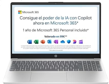 HP 15-fd0261ns - Ordenador portátil de 15.6" FHD (Intel N100, 4GB RAM, 128GB UFS, Intel UHD, Windows 11) Plata - Teclado QWERTY Español - Incluye Microsoft 365 Personal 12 Meses
