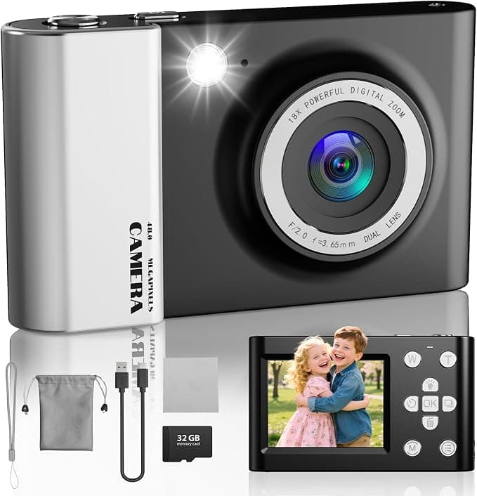 CHAKEYAKE Cámara Digital 4K, 64MP Cámara de Fotos para Vlog con Tarjeta 32 GB, Pantalla LCD de 2,4", Zoom Digital de 18X, Enfoque Automático, Camara Compacta Portátil para Niños Principiantes, Negro