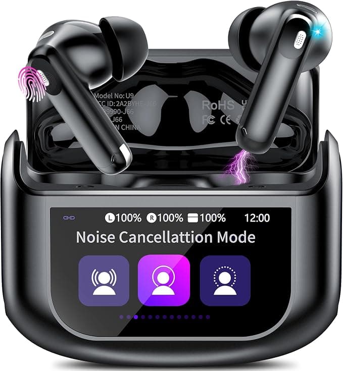 Thunelec Auriculares Inalámbricos Pantalla Táctil Cancelación Ruido ANC+ENC | 48H Bluetooth 5.4 Cascos con Mcrófono HD, 5 Modos EQ Estéreo, Modo Transparente, iOS Android para Deportes/Fitness/Viajes