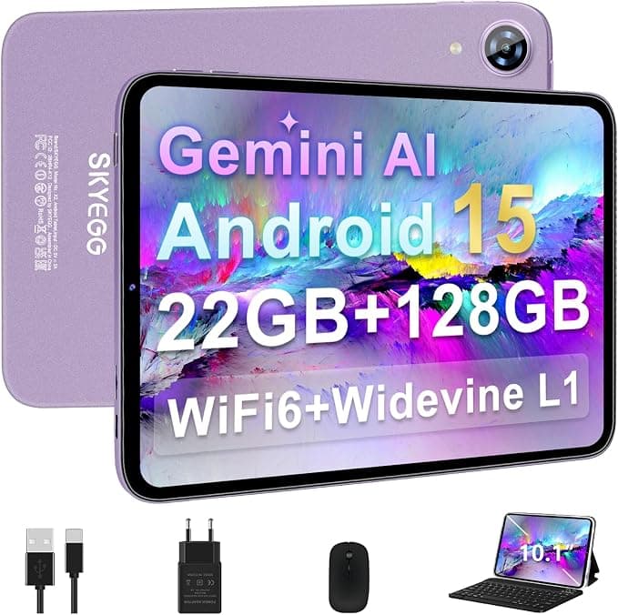 Tablet 10 Pulgadas Android 15 con Gemini AI, con Teclado y Ratón, 22GB RAM + 128GB ROM (Ampliable 2TB), WiFi 6, Widevine L1, 6000mAh, Cuerpo Metálico, para Estudio, Trabajo y Entretenimiento – Rosa