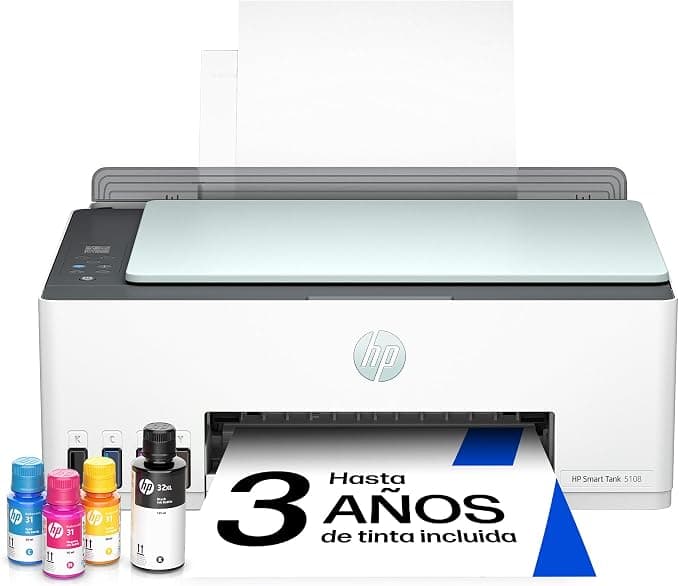 HP Impresora Multifunción Tinta Smart Tank 5108 Wi-Fi, con depósito Recargable, Incluye Tinta para Imprimir hasta 3 años