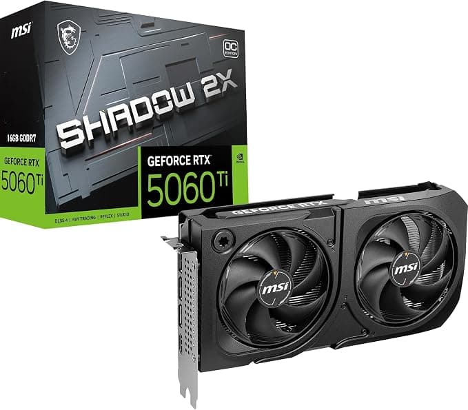 MSI GeForce RTX 5060 Ti 16G Shadow 2X OC Plus - Tarjeta gráfica RTX 5060 Ti, 16GB GDDR7, 28 Gbps/128-bit, PCIe 5.0, Diseño de Doble Ventilador Stormforce Fan, HDMI 2.1b