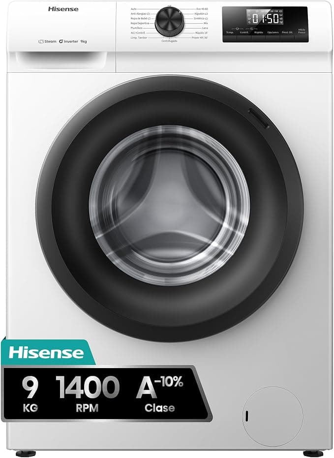 Hisense WF1Q9041BW - Lavadora, Class A, 9Kg, 1400 rpm, Alto 84.5cm x Ancho 59.5cm, Color Blanco, Función Vapor 99,9%, Lavado Rápido+, Lavado Automático, Finalización Diferida, Tecnología Inverter