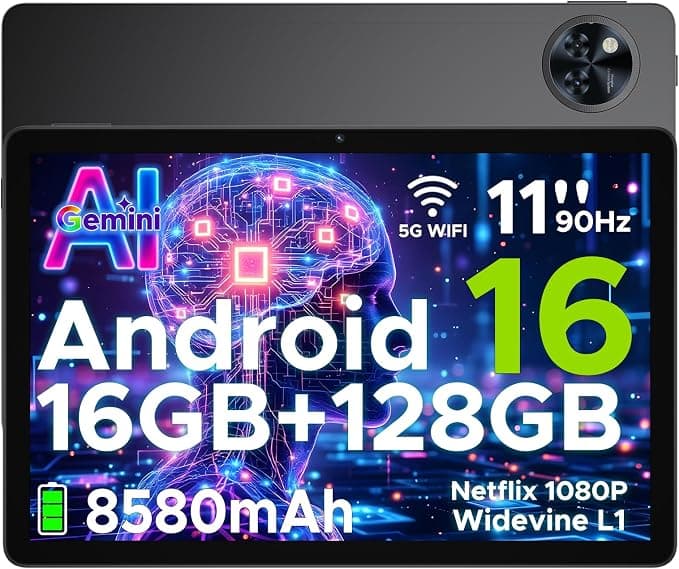U11 Android 16 Tablet 11 Pulgadas, 16GB RAM+128GB ROM/2TB TF Tableta para Niños, Batería 8580 mAh, HD 90Hz, 13MP+5 MP/WiFi 5G/Face ID/Widevine L1/GMS/GPS/OTG/Audio 3.5mm Jack Tablets Gaming