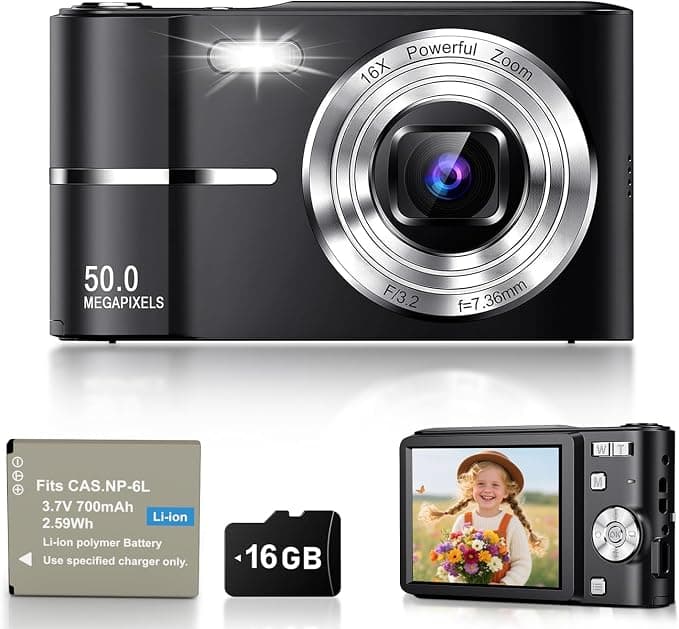 Camara de Fotos Digital Compacta, 50MP 1080P Digitales Camaras con Pantalla de 2.4”, 16X Zoom Digital, Mini Video Cámara Flash Antivibración para Infantil, Principiantes y Adultos, 16G Negro