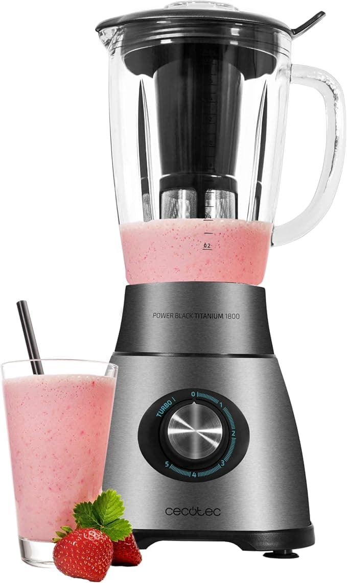 Cecotec Batidora de Vaso Power Black Titanium 2500MAX Pro. 1800W, 22000 RPM, 6 Cuchillas Titanio, Jarra Termorresistente 1.8L, 5 Velocidades, Turbo, Filtro Licuado, Metaluxe, Cierre Hermético
