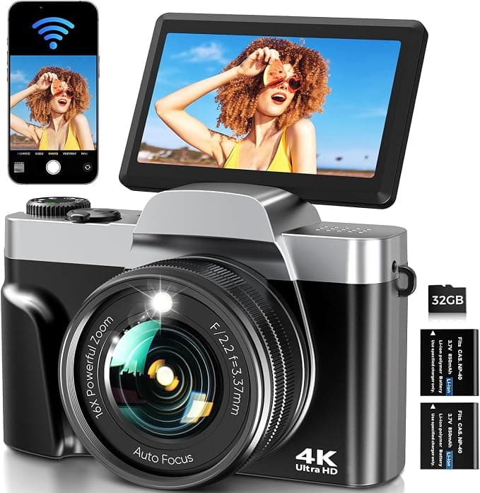Cámara Digital con WiFi 4K 64MP Cámara de Fotos Digital | Pantalla Abatible 3″ 180°, Zoom Digital 16X, Autofoco, 2 Baterías y Tarjeta 32 GB para Adolescentes, Principiantes y Vlogging