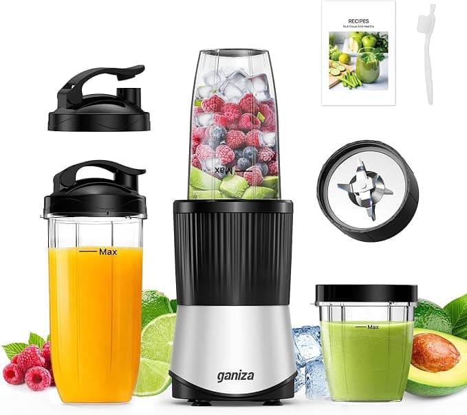 Ganiza Batidora de Vaso, Minilicuadorade 900 W, 25 000 RPM, 3 Vasos Tritan para Llevar (300 ml, 500 ml y 700 ml), 4 Cuchillas Asimétricas, para todo tipo de Batidos y Smoothies