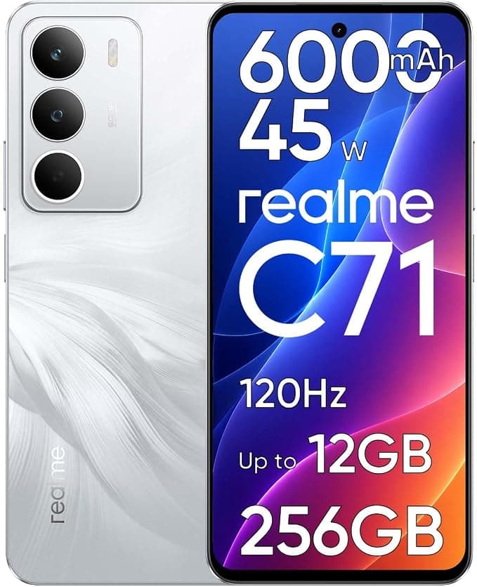 realme C71 Smartphone hasta 12GB RAM + 256GB ROM, 6.67" 120Hz Pantalla, Teléfono Móvil con Batería de 6000mAh y Carga Rápida de 45W, AI 50MP Cámara, Dual SIM, Huellas Lateral, NFC y Next Ai, Blanco