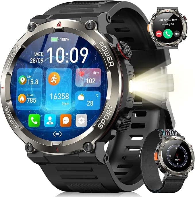 Blackview Reloj Inteligente Hombre - Linterna y Brújula, 1,45" Militar Smartwatch Hombre- Llamadas Bluetooth, Pulsómetro, Oxímetro, Monitor de Sueño, Pulsera Actividad 100+ Modos Deportivos, Podómetro