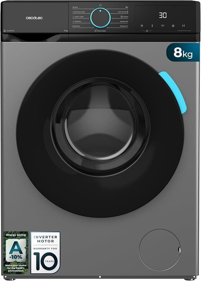 Cecotec Lavadora 8Kg Carga Frontal Bolero DressCode 8160 Inverter Steel | 1200rpm, 11 Programas, Clase A-20%, Bajo Consumo, Motor Inverter Plus, Steam Max, Drum Clean, Programa Rápido, Display LED