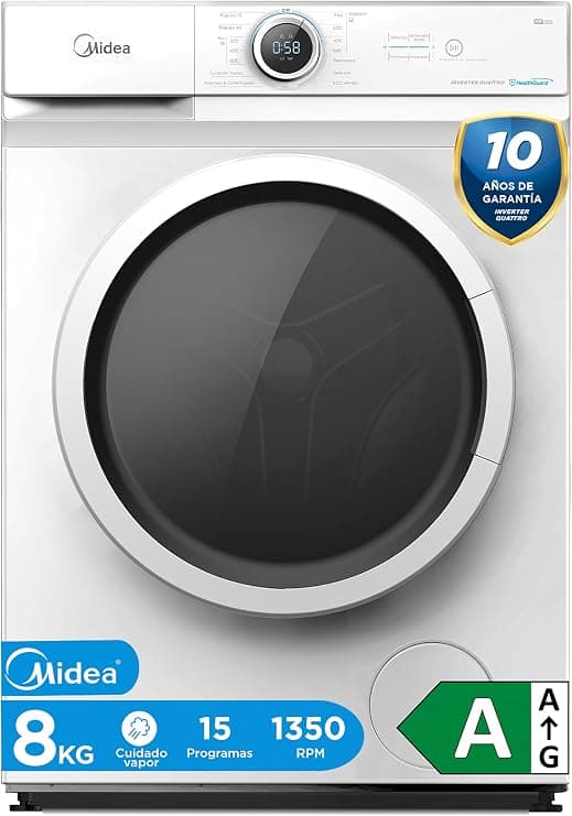 Midea Lavadora 8kg Carga Frontal 1950W, 1350 rpm con Motor Inverter - Lavadoras con 15 Programas y Tecnología Healthguard - Washing Machine Bajo Consumo, Lavado Rápido, Función Vapor y Modo Eco