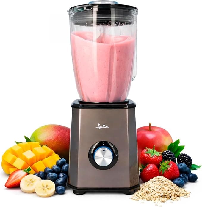 JATA JEBT1500 - Batidora de vaso de 1,5 litros. 2 velocidades + turbo. Cuerpo de acero inoxidable. Cuchilla dentada de acero inoxidable. Apta para picar hielo. Pies antideslizantes. 1500 W