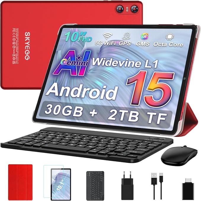 Tablet 10 Pulgadas Android 15 con Gemini AI, 30 GB RAM + Ampliable 2 TB ROM, Octa-Core, Widevine L1, WiFi 5G, BT 5.0, Cámara 8 MP + 5 MP, Batería 6000 mAh, con Teclado, Ratón y Funda – Rojo