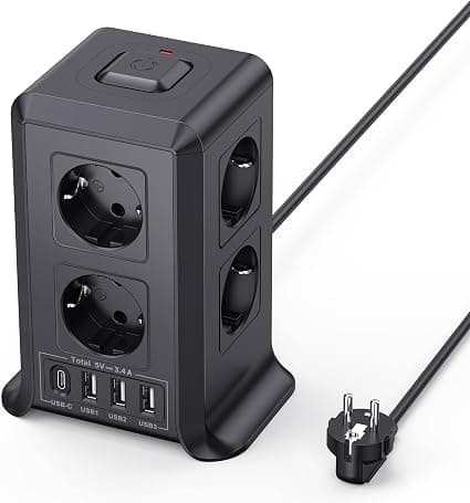 8 Tomas AC Torre Regletas Enchufes con 2 M Alargador Enchufe Multiple 4 USB | Regleta Enchufes con 3 USB A y 1 USB C,Ladron Enchufes Regleta Vertical con Interruptor para Mesa, Oficina y Casa Negro