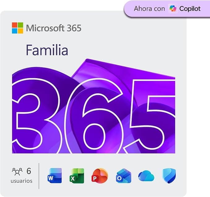 Microsoft 365 Familia | 12 meses | 6 personas | Apps Office con IA | Hasta 6TB de Almacenamiento OneDrive | Código de activación enviado por email