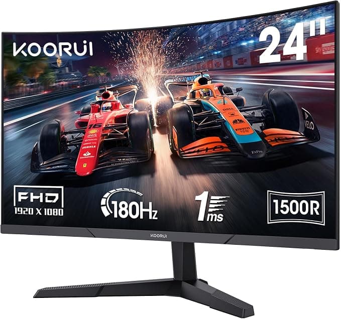 KOORUI 24" Monitor Curvo Gaming Full HD 180Hz 1ms, Pantalla PC 24E6CA | 1920 x 1080, curvatura 1500R, Ordenador Pantalla cuenta con HDMI 2.0×2, DP 1.2 y soporte VESA 100x100mm, negro