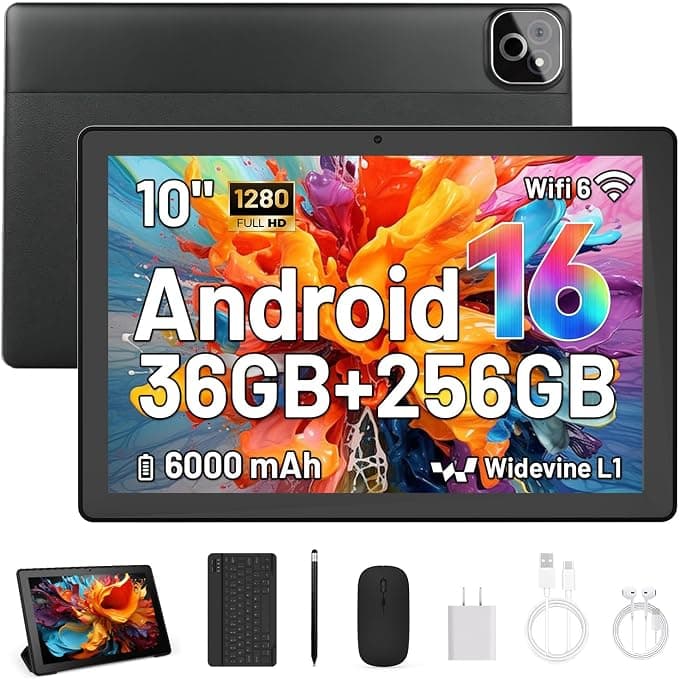Tablet de 10 Pulgadas, Android 16 Tablet con Teclado, Octa Core, 36GB RAM 256GB ROM (1TB TF Expand) Cámara 5MP + 8MP 6000mAh Tablets de PC Touch Pad con Stylus Ratón Auricular y Caja
