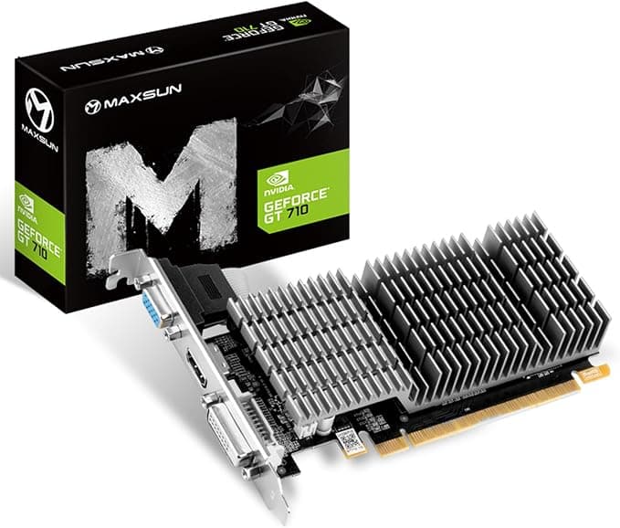 maxsun NVIDIA GeForce GT 710 Tarjeta Grafica 2gb - Tarjeta gráfica GPU (Pasivo, bajo Perfil, bajo Consumo, VGA, DVI-D, HDMI, GDDR3, HTPC, Sistema de refrigeración pasiva silenciosa sin Ventilador)