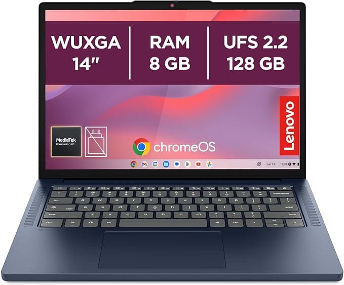 Lenovo Chromebook Gen 11 - Ordenador Portátil 14" WUXGA (MediaTek Kompanio 540, 8 GB RAM, 128 GB UFS 2.2, ChromeOS) QWERTY Español, Azul + 3 Meses Google AI Pro con Gemini Pro y 5TB