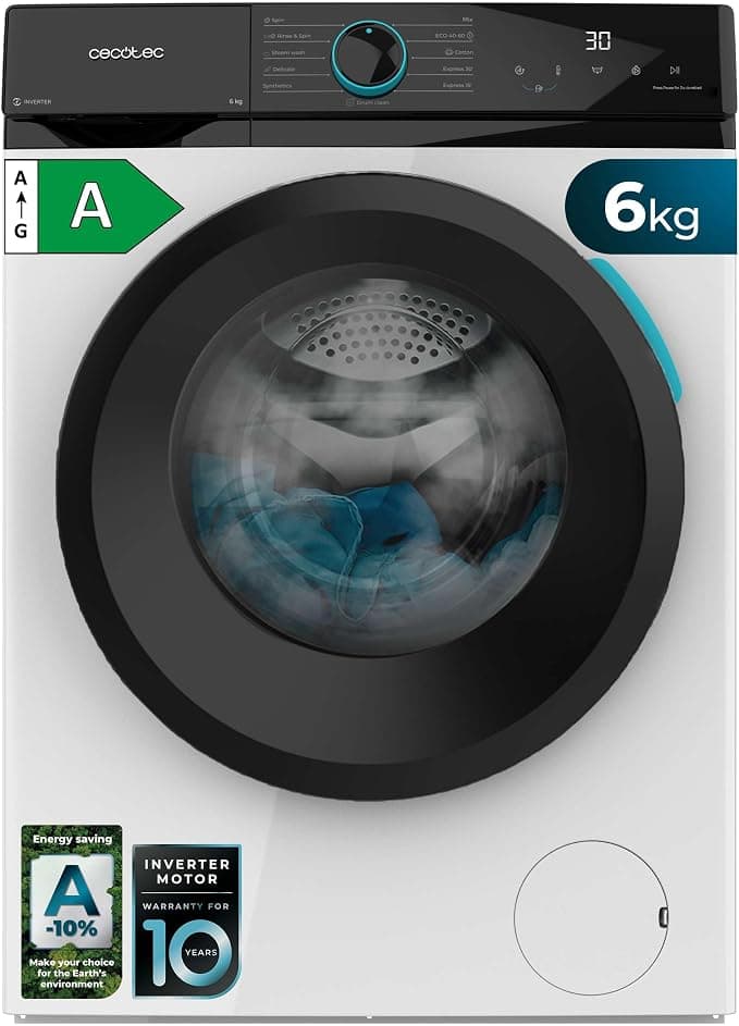 Cecotec Lavadora 6Kg Carga Frontal Bolero DressCode 6160 Inverter. 1200RPM, 11 Programas, Bajo Consumo, Motor Inverter Plus, Steam Max, Drum Clean, Programa Rápido 15', Panel con Display LED