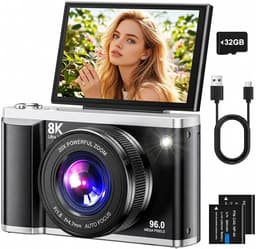 Cámara Digital 8K 96MP con WiFi, Zoom Digital 20X, Cámara de Fotos con Enfoque Automático y Estabilización Anti-Shake, Pantalla Abatible de 3,5" 180°, Tarjeta SD de 32GB y 2 Baterías