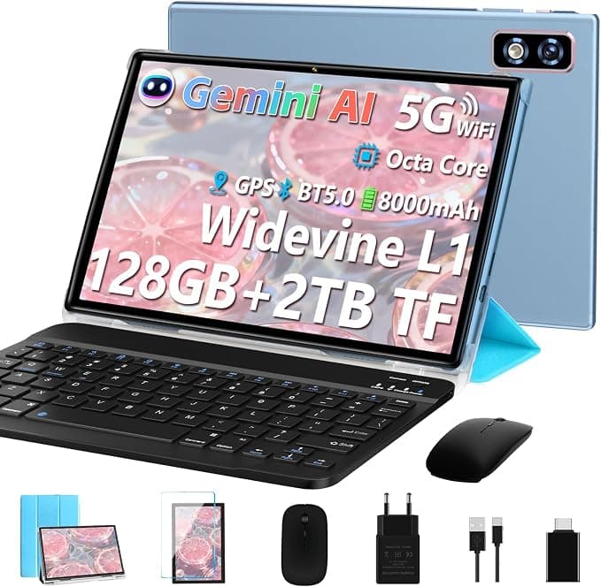 2026 Último Tablet 10 Pulgadas Android Gemini AI, 22GB+128GB/TF 1TB, Batería 8000mAh, 5+8MP, Octa-Core 2.0GHz, 5G WiFi, Bluetooth5.0, Widevine L1, GPS, GMS, Tablet con Funda, Teclado y Ratón - Azul