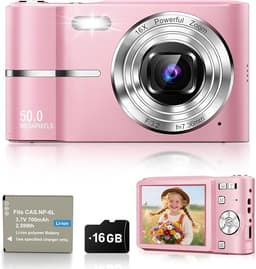 50MP Camara de Fotos Digital Compacta, 1080P FHD Vlogging Cámara Digital con Pantalla 2,4”, Zoom Digital 16X, Antivibración, Minipuerta Adecuado para Niños Estudiantes, Tarjeta de 16 GB(Rosa)