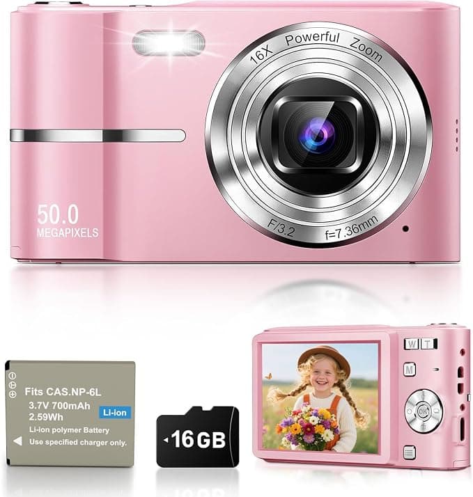 50MP Camara de Fotos Digital Compacta, 1080P FHD Vlogging Cámara Digital con Pantalla 2,4”, Zoom Digital 16X, Antivibración, Minipuerta Adecuado para Niños Estudiantes, Tarjeta de 16 GB(Rosa)