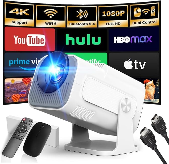 Proyector Portátil 2026 Upgraded 1920x1080P 4K Supote WiFi 6 Bluetooth 5.4 | App Integrada, Dual Control, 180° Rotation, Compatible con HDMI/TV Stick/USB/Laptop, Home Outdoor Videoproyector, Blanco