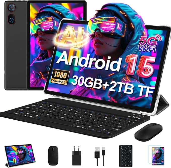 Tablet 10 Pulgadas Android 15, 30 GB RAM + 2 TB ROM Expansión, Widevine L1 | FHD Tablet con Teclado + Ratón + Funda, 8MP+5MP, Gemini AI, 6000mAh, Octa-Core, 5G WiFi, GPS, USB-C, BT 5.0, Nero