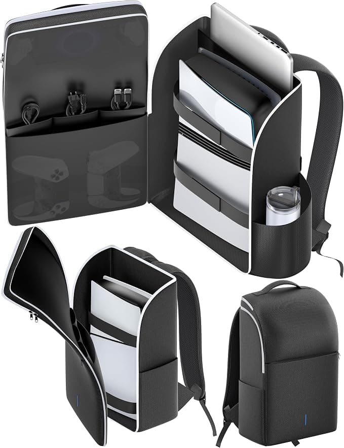 Mochila para Consola PS5/ Slim/ Pro, Bolsa PS5 de Viaje con Protección Total, Funda ps5 Almacenamiento de Gran Capacidad, PS Portal, Portátil, Tarjeta de Juego, Maletin PS 5 con Bolsa 3 Cable- Blanco