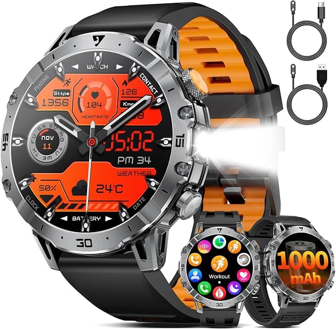 SUNKTA Reloj Inteligente para Hombre 1000 mAh batería Grande 1.7" HD Bluetooth Llamadas Smartwatch para iOS Android con Linterna LED, Monitor de frecuencia cardíaca/sueño/Contador de Pasos,Negro