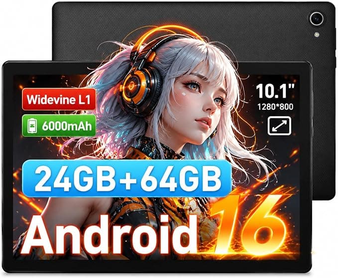 Tablet 10 Pulgadas Android 16, 6000mAh, 24GB RAM + 64GB ROM | Hasta 1TB TF, IPS HD 1280×800, WiFi 6, Widevine L1, Bluetooth 5.4, Cámara Dual 8MP+5MP, GMS, Type-C, Negro