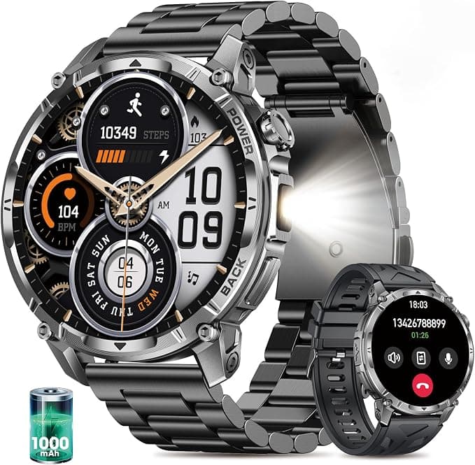 Reloj Inteligente Hombre Militar con Batería 1000 mAh y Linterna LED, 1.7” Smartwatch Hombre con Llamadas Bluetooth Pulsómetro SpO2 Monitor de Sueño 110+ Modos Deportivos Android iOS (Acero Negro)