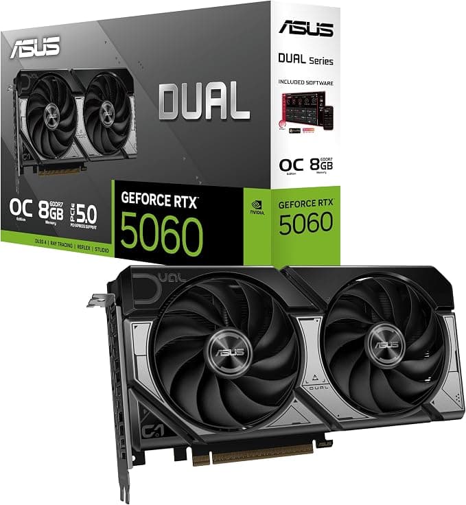 ASUS Dual GeForce RTX 5060 8 GB GDDR7 OC Edition - Tarjeta gráfica | PCIe 5.0, 8 GB GDDR7, DLSS 4, HDMI 2.1b, DisplayPort 2.1b, diseño de 2,5 ranuras, ventilador Axial-tech, tecnología 0dB