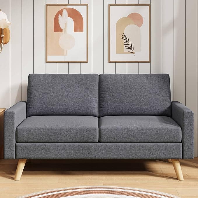 Sofá de 2 Plazas Tapizado, Sofá Compacto Moderno, Patas Madera,Gris oscuro | Cojines Gruesos y Brazos Ergonómicos, patas Madera Antideslizantes, Tela Resistente; para Salón, Apartamento y Dormitorio