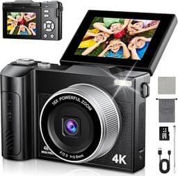 Cámara de Fotos 48MP 4K Cámara Digital Compacta con Zoom 16X 2,8" LCD Compacta Portátil Cámara con Tarjeta 32GB para Niños Principiantes Adulto (Negro)