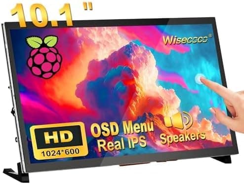 wisecoco Monitor con Pantalla táctil de 10,1 Pulgadas para Raspberry Pi | Pantalla LCD IPS de 1024 x 600, Altavoces duales integrados, entrada HDMI