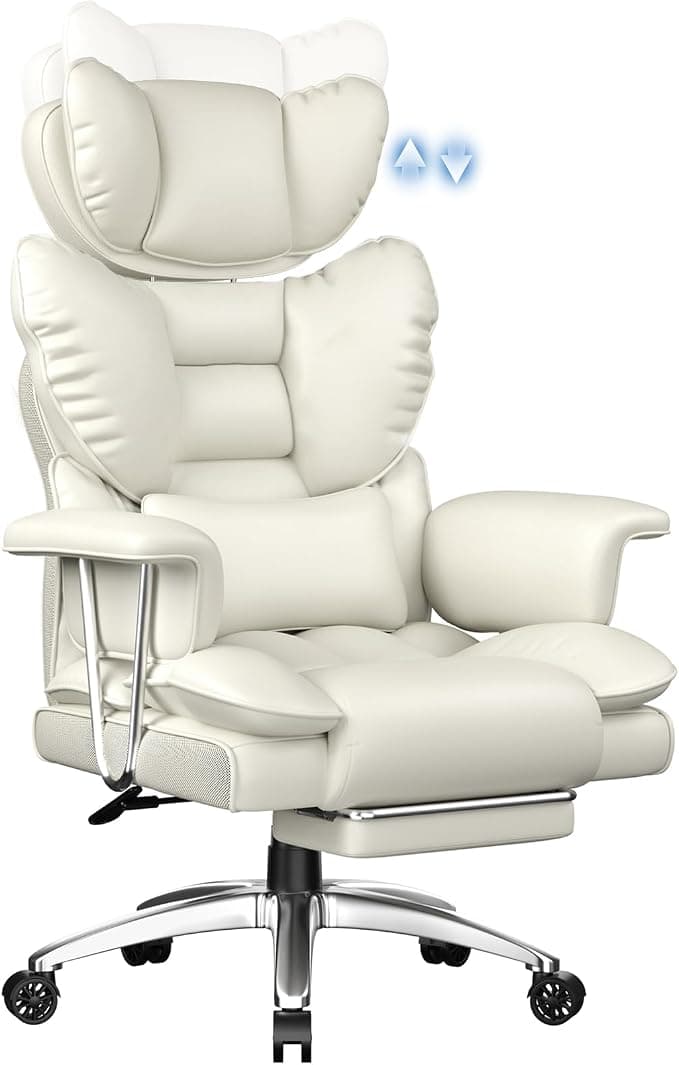 rattantree Sillón Ejecutivo Piel auténtica con reposapiés Alto Blanco | Cilindro de gas certificado BIFMA y SGS, cumple norma EN1335, capacidad de carga estable hasta 150 kg